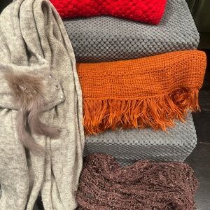 4 scarves   Red and brick/orange are infinity scarves, brown and grey are reg.